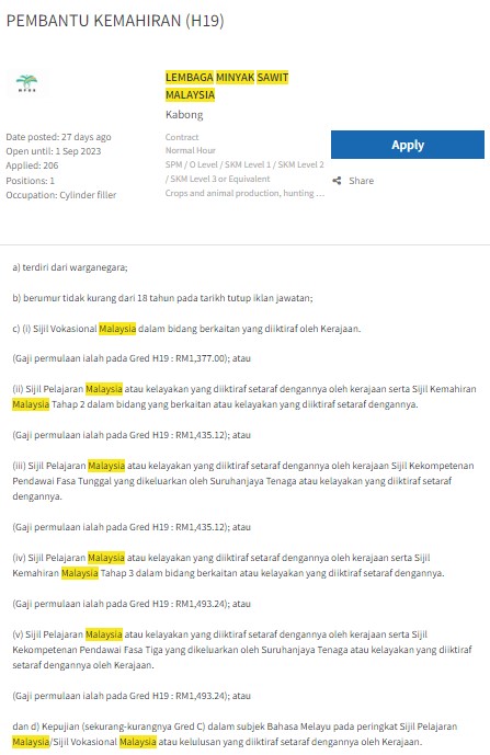 Jawatan Kosong Lembaga Minyak Sawit Malaysia (MPOB) : Gaji RM1,493.24 - RM1,551.36