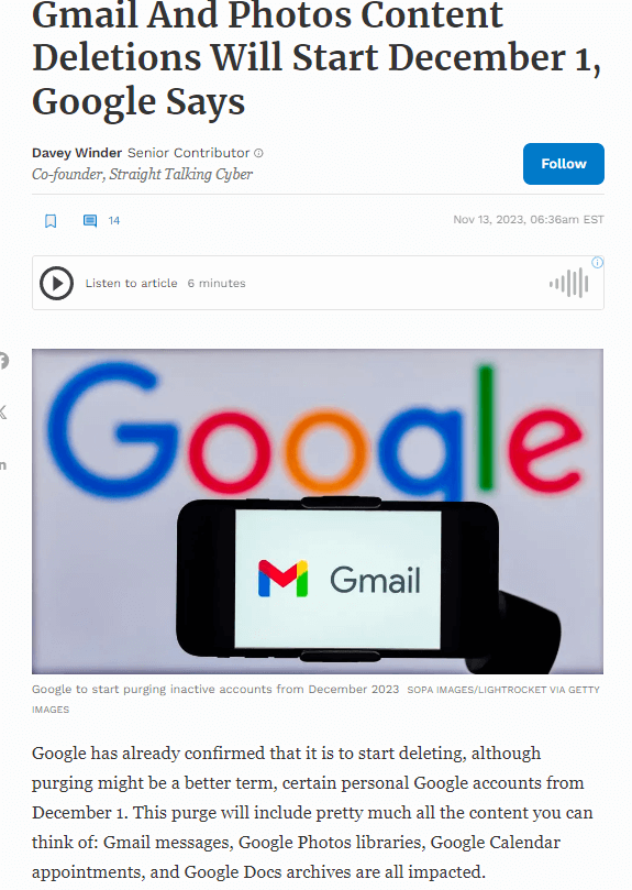 Kandungan Gmail Dan Photos Dipadam Bermula 1 Disember