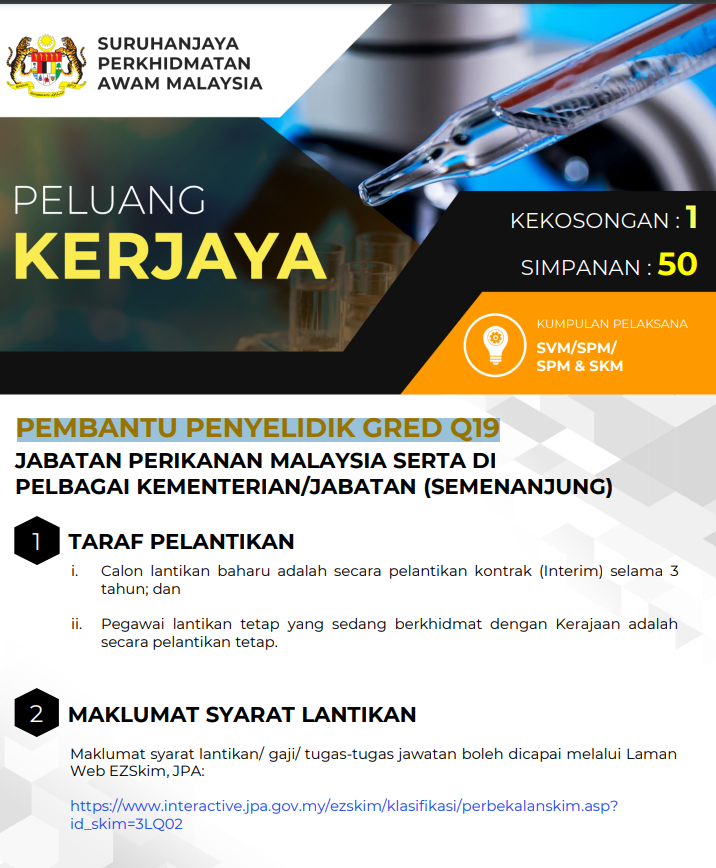 Jawatan Kosong Jabatan Perikanan Malaysia 2024 : Kelayakan SPM